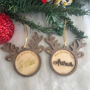 Boule Noël bois personnalisée - Premier Noël - Tête de Renne