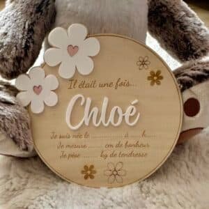 Carte naissance-Plaque naissance- Marguerites- Fleurs bois