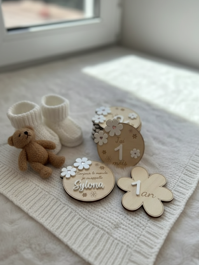 carte étape bébé modèle marguerite mise en scène avec une peluche ourson et des bottes en laine